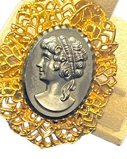 Large Vintage black glass hematite cameo gold finish brooch ornate filagree