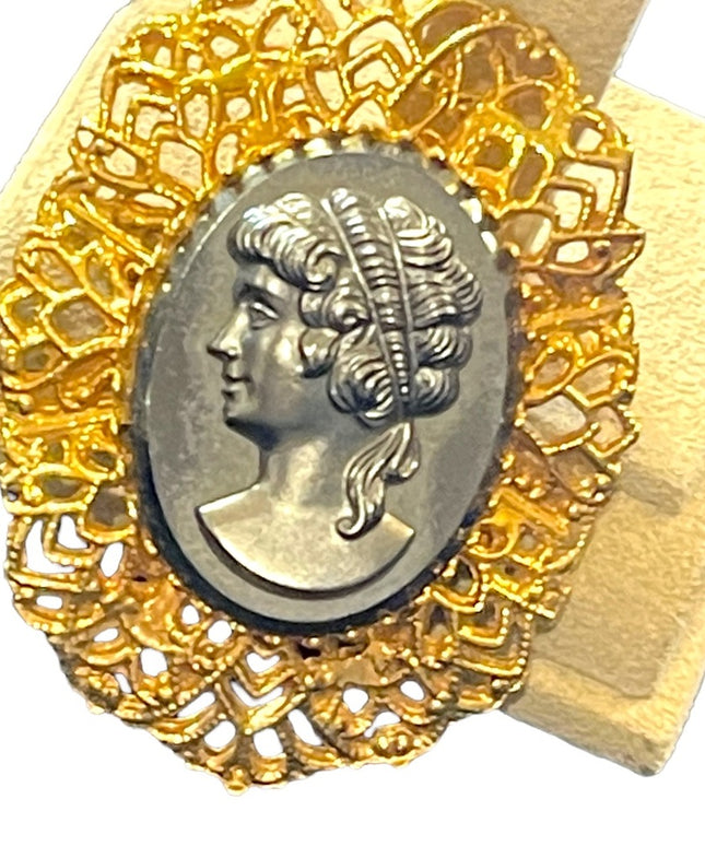 Large Vintage black glass hematite cameo gold finish brooch ornate filagree