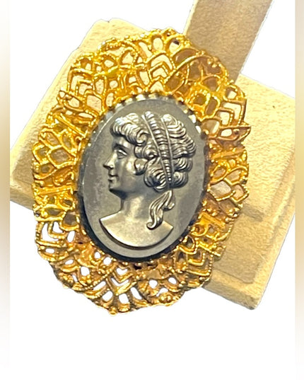 Large Vintage black glass hematite cameo gold finish brooch ornate filagree