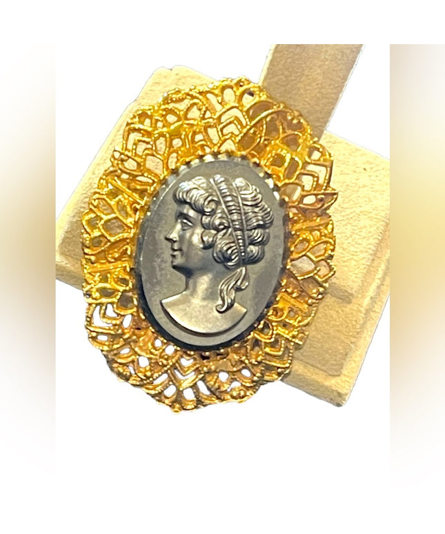 Large Vintage black glass hematite cameo gold finish brooch ornate filagree