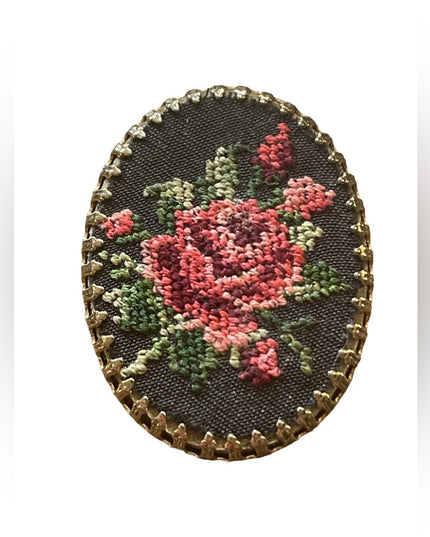 Vintage lovely needlepoint Roses had made gold finish cameo brooch