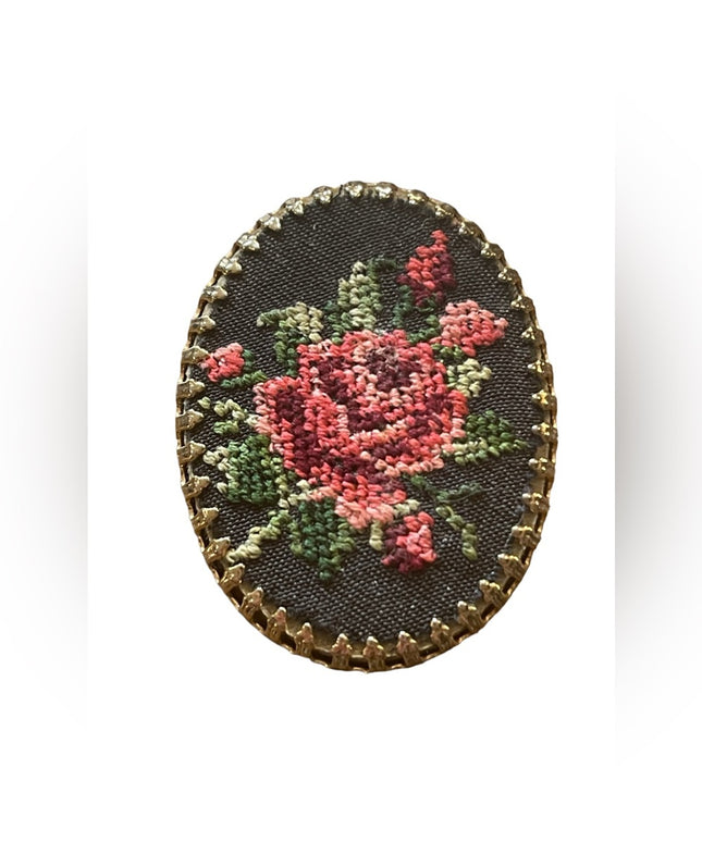 Vintage lovely needlepoint Roses had made gold finish cameo brooch