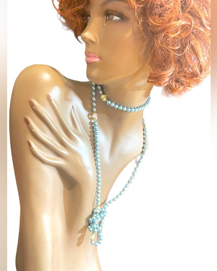 Stunning vintage shiny high gloss sky blue faux Long pearl bead necklace