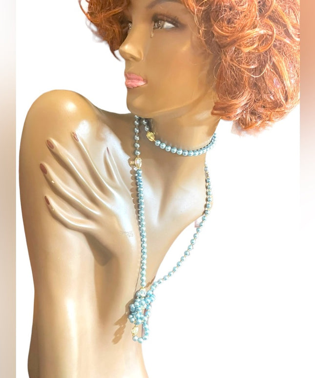 Stunning vintage shiny high gloss sky blue faux Long pearl bead necklace
