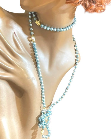 Stunning vintage shiny high gloss sky blue faux Long pearl bead necklace