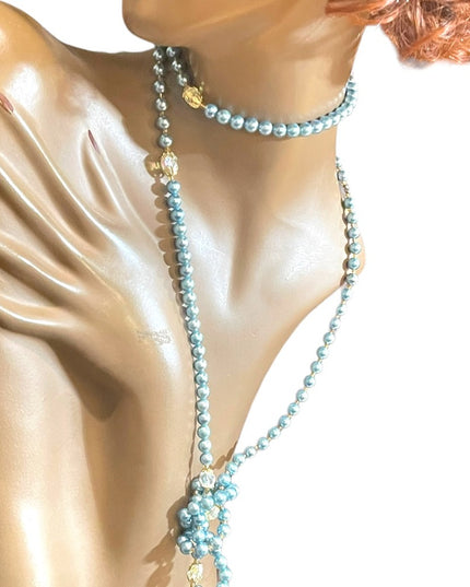 Stunning vintage shiny high gloss sky blue faux Long pearl bead necklace