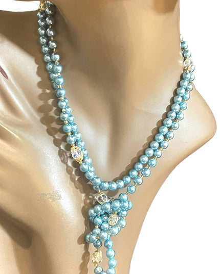 Stunning vintage shiny high gloss sky blue faux Long pearl bead necklace