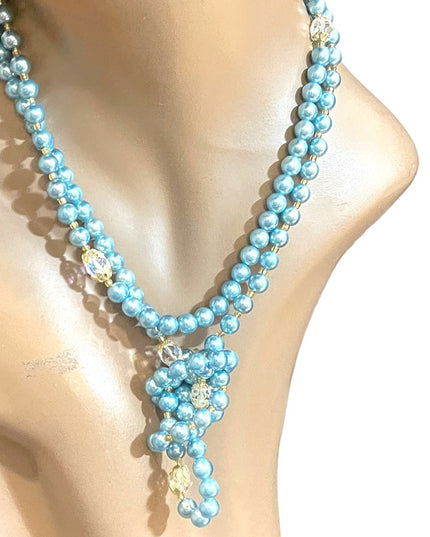 Stunning vintage shiny high gloss sky blue faux Long pearl bead necklace