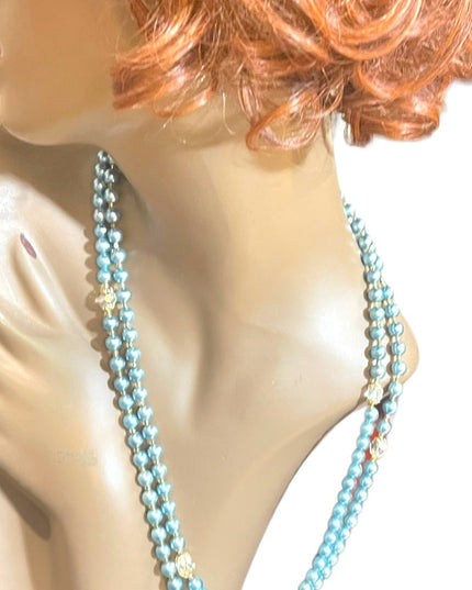 Stunning vintage shiny high gloss sky blue faux Long pearl bead necklace