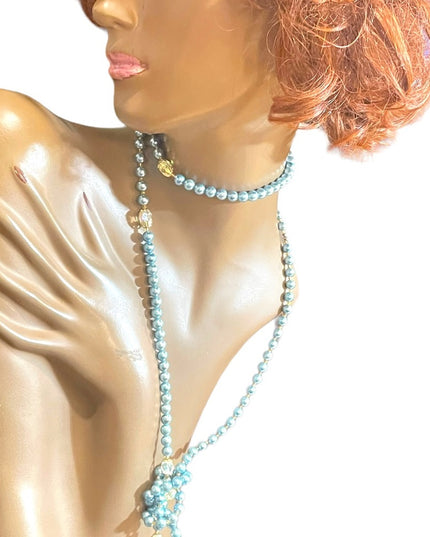 Stunning vintage shiny high gloss sky blue faux Long pearl bead necklace