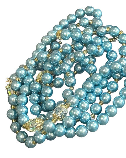 Stunning vintage shiny high gloss sky blue faux Long pearl bead necklace