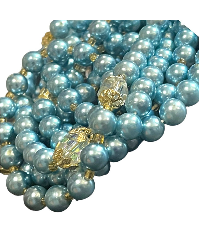 Stunning vintage shiny high gloss sky blue faux Long pearl bead necklace