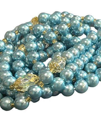 Stunning vintage shiny high gloss sky blue faux Long pearl bead necklace