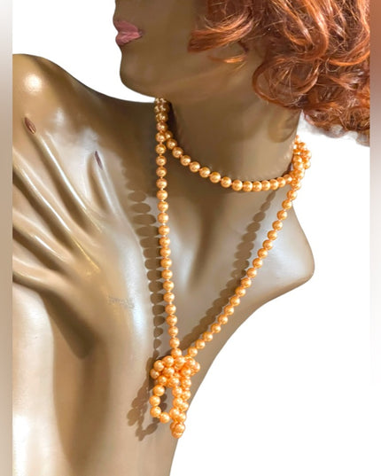 Vintage peach shiny high gloss fancy glass pearl long necklace