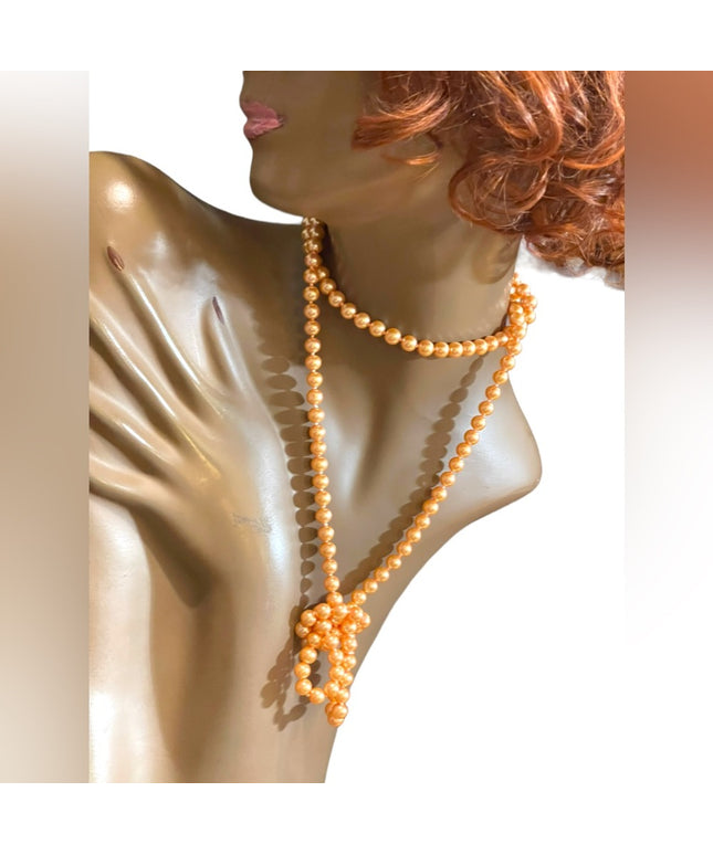 Vintage peach shiny high gloss fancy glass pearl long necklace