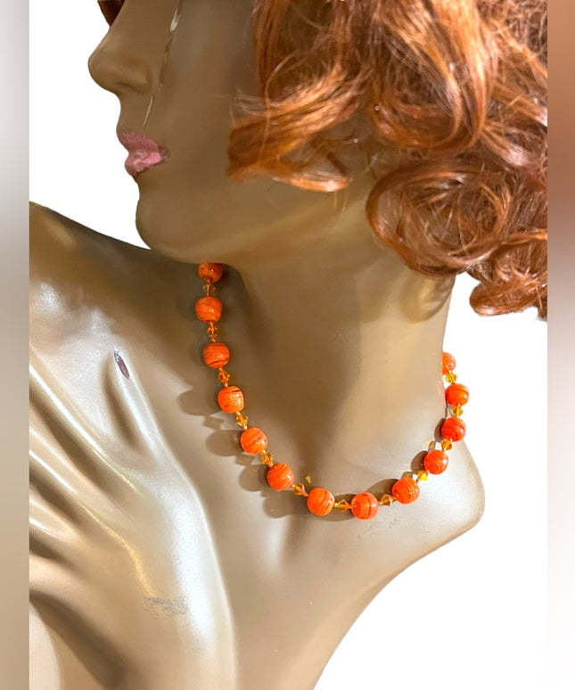 Vintage Pumpkin Murano Glass orange spun bead fancy bead necklace