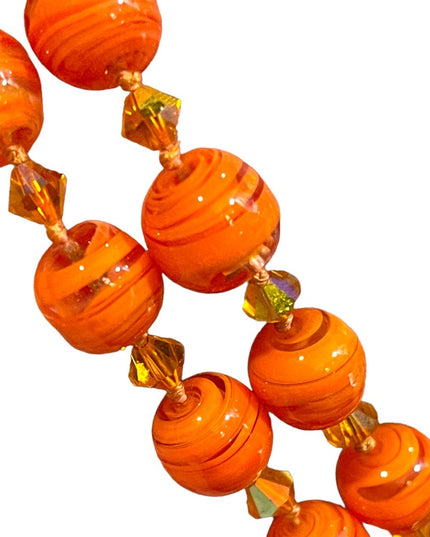 Vintage Pumpkin Murano Glass orange spun bead fancy bead necklace