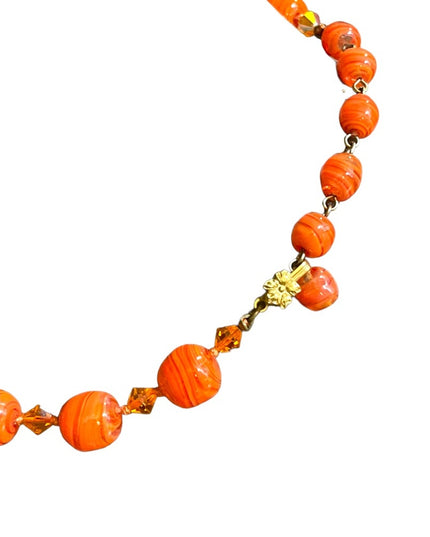 Vintage Pumpkin Murano Glass orange spun bead fancy bead necklace