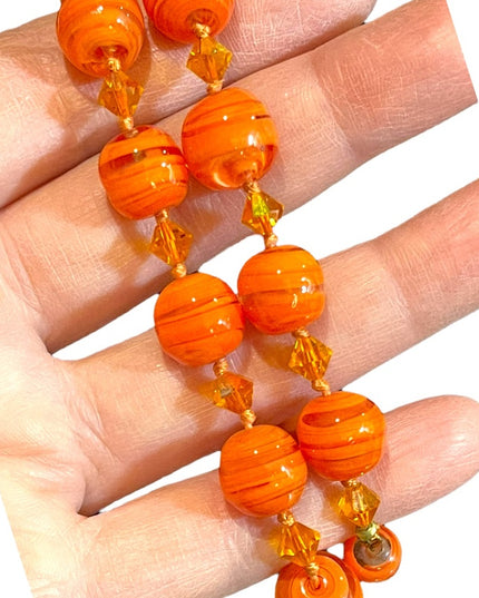 Vintage Pumpkin Murano Glass orange spun bead fancy bead necklace