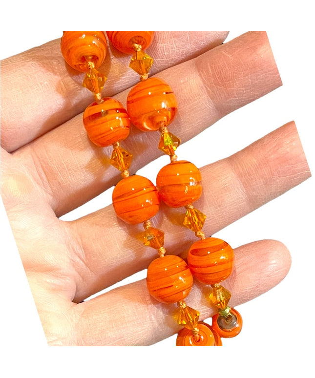 Vintage Pumpkin Murano Glass orange spun bead fancy bead necklace