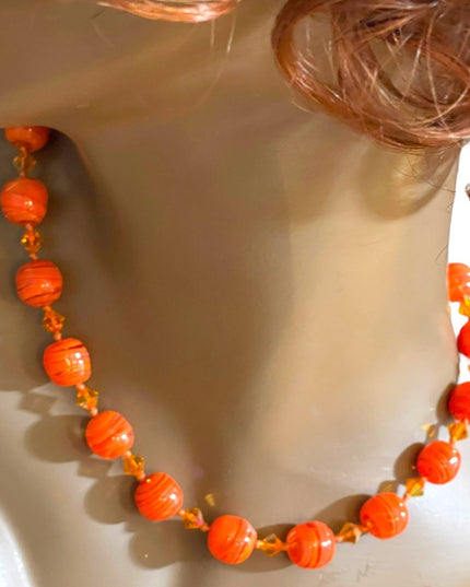 Vintage Pumpkin Murano Glass orange spun bead fancy bead necklace