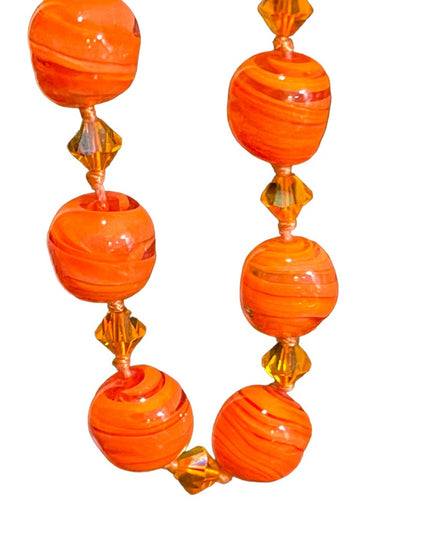 Vintage Pumpkin Murano Glass orange spun bead fancy bead necklace