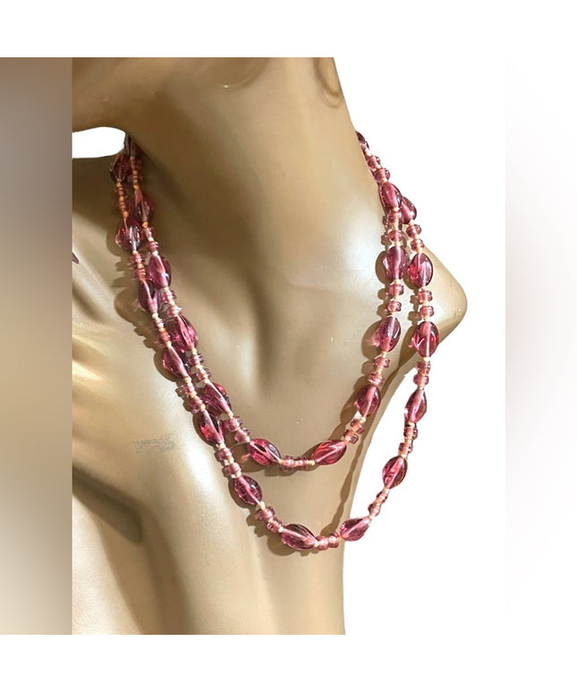 Handmade glass lampwork bead fancy pink glass knotted necklace