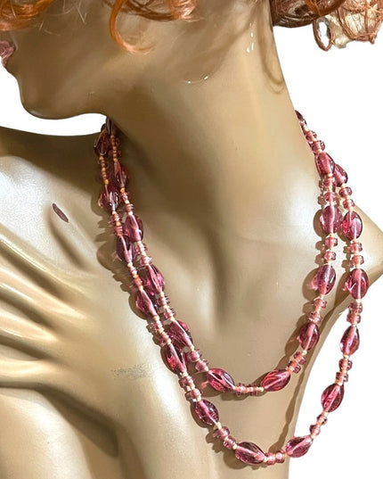 Handmade glass lampwork bead fancy pink glass knotted necklace