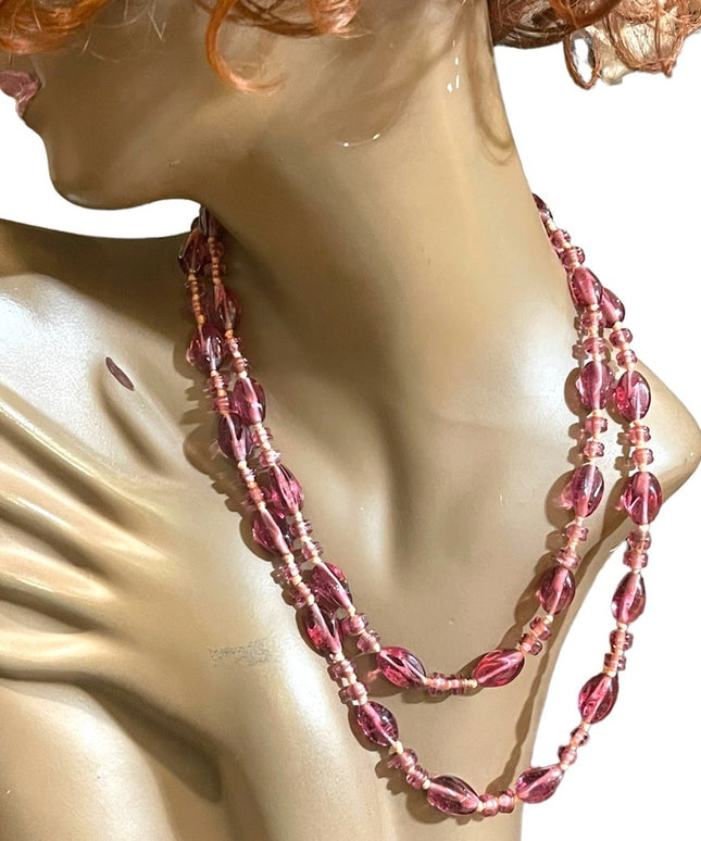 Handmade glass lampwork bead fancy pink glass knotted necklace