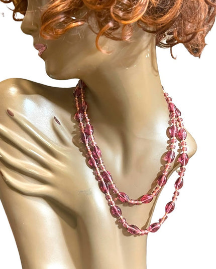 Handmade glass lampwork bead fancy pink glass knotted necklace