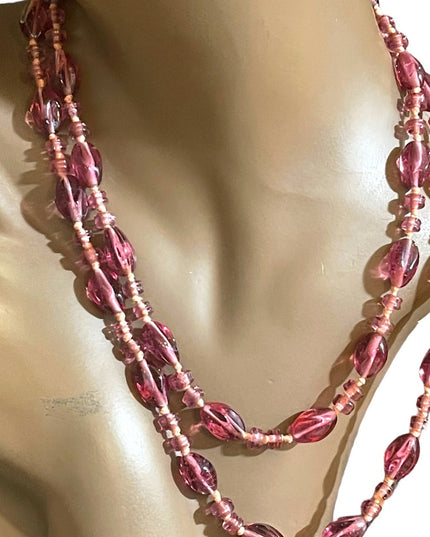 Handmade glass lampwork bead fancy pink glass knotted necklace