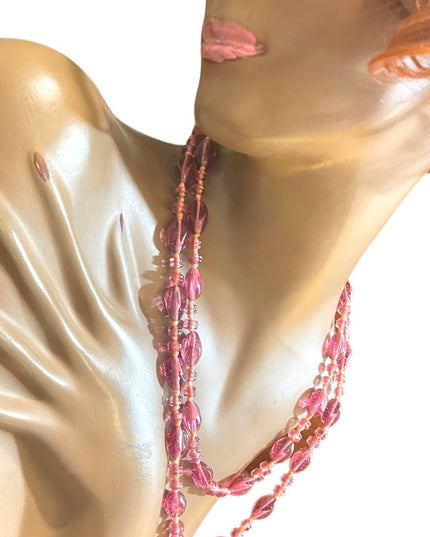 Handmade glass lampwork bead fancy pink glass knotted necklace
