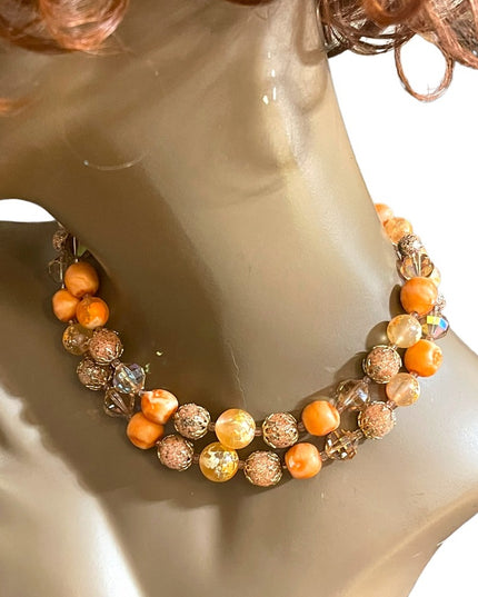 Vintage Fancy orange bead Vendome pumpkin double strand crystal resin necklace