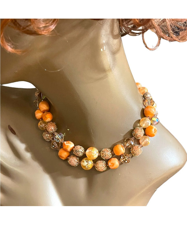 Vintage Fancy orange bead Vendome pumpkin double strand crystal resin necklace