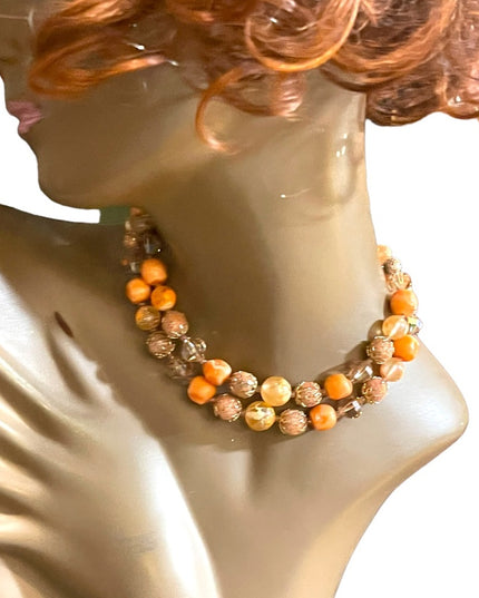 Vintage Fancy orange bead Vendome pumpkin double strand crystal resin necklace