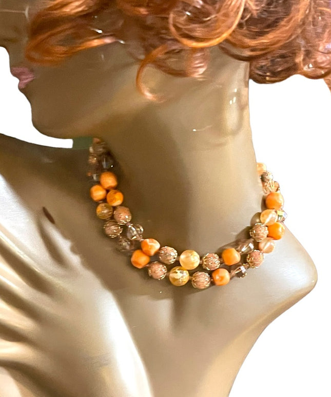 Vintage Fancy orange bead Vendome pumpkin double strand crystal resin necklace