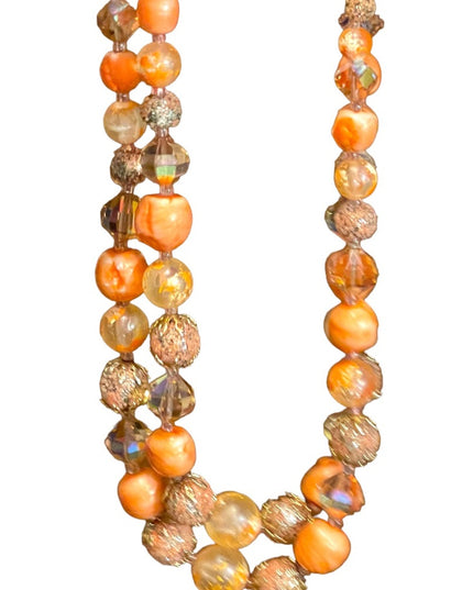 Vintage Fancy orange bead Vendome pumpkin double strand crystal resin necklace