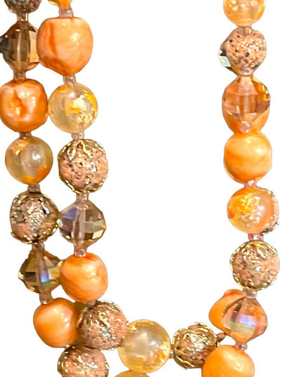 Vintage Fancy orange bead Vendome pumpkin double strand crystal resin necklace