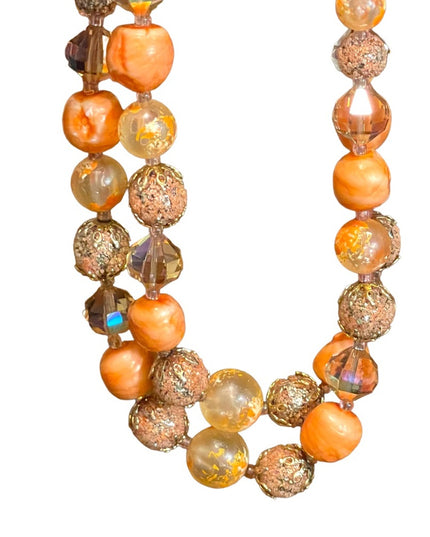 Vintage Fancy orange bead Vendome pumpkin double strand crystal resin necklace