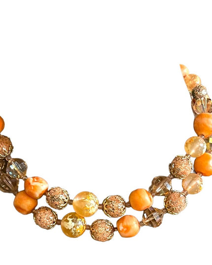 Vintage Fancy orange bead Vendome pumpkin double strand crystal resin necklace