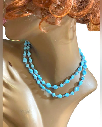 Vintage handmade Blue spiral glass Lampwork crystal bead necklace 2 strand