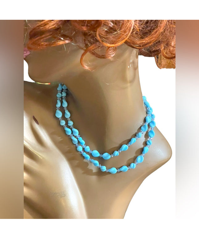 Vintage handmade Blue spiral glass Lampwork crystal bead necklace 2 strand