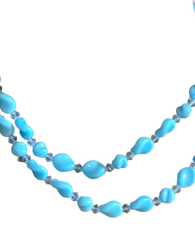 Vintage handmade Blue spiral glass Lampwork crystal bead necklace 2 strand