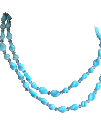 Vintage handmade Blue spiral glass Lampwork crystal bead necklace 2 strand
