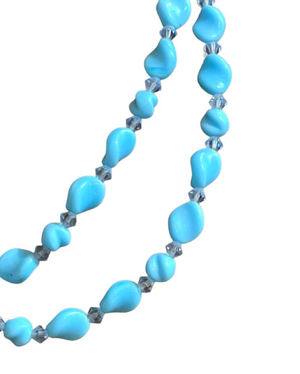 Vintage handmade Blue spiral glass Lampwork crystal bead necklace 2 strand