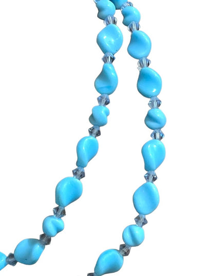 Vintage handmade Blue spiral glass Lampwork crystal bead necklace 2 strand