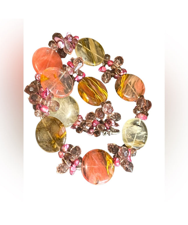 Stunning colorful faux Quartz Chunky stone disk pearl glass crystal necklace