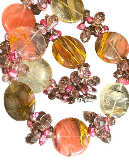 Stunning colorful faux Quartz Chunky stone disk pearl glass crystal necklace