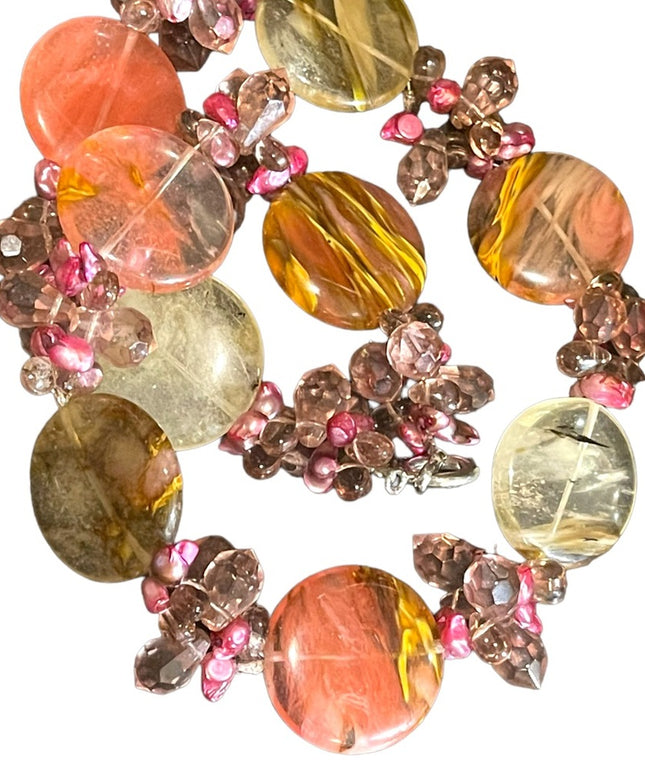 Stunning colorful faux Quartz Chunky stone disk pearl glass crystal necklace