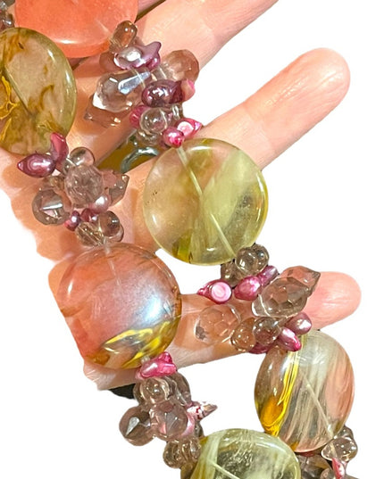 Stunning colorful faux Quartz Chunky stone disk pearl glass crystal necklace
